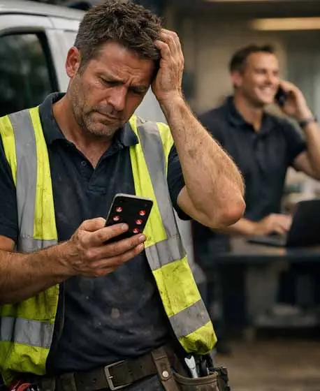 Frustrated tradesman in a hi-vis vest standing beside a work van, looking at missed calls on his smartphone with his hand on his head, while in the blurred background a smiling competitor answers a phone at a desk